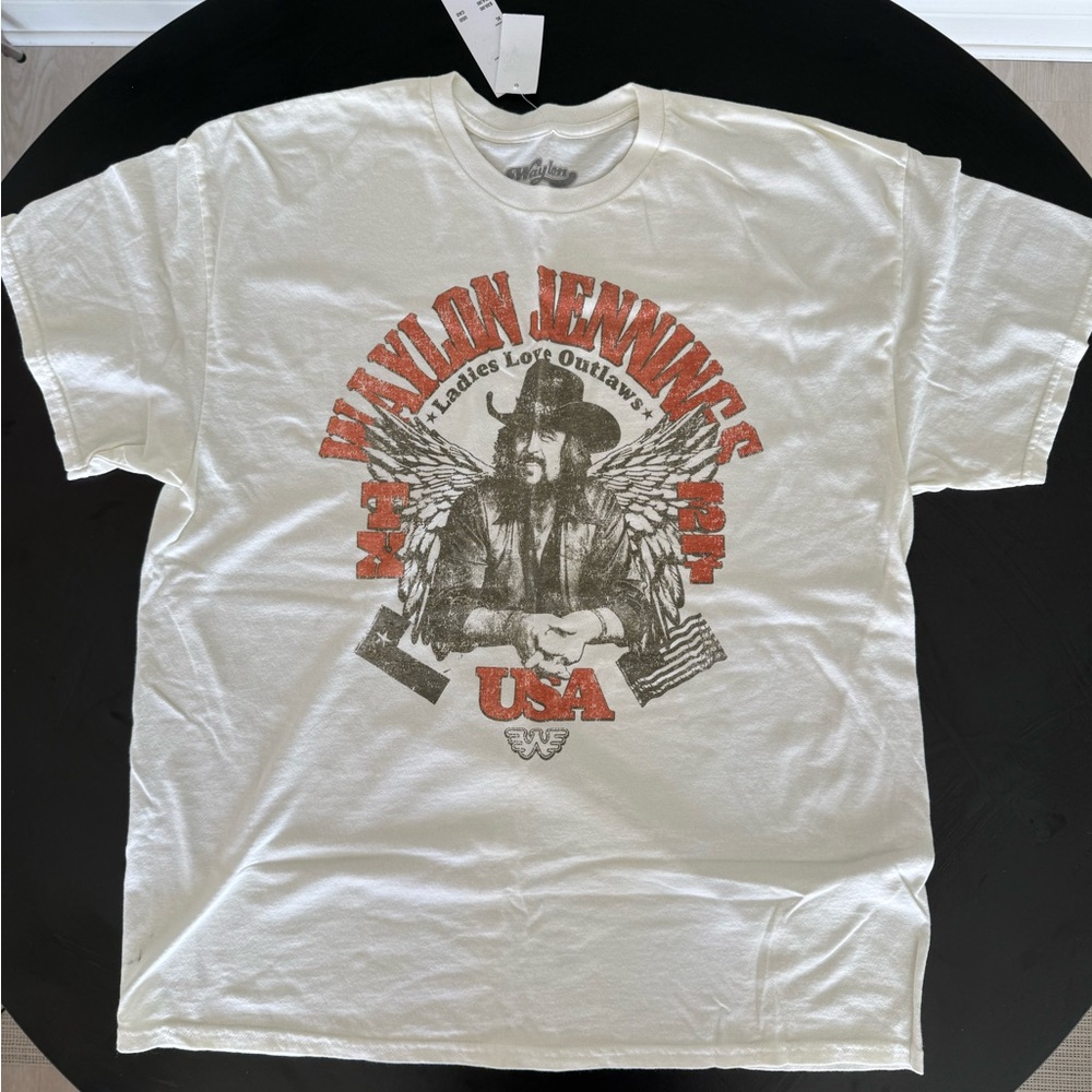 Midnight Rider Waylon Jennings USA Tee - Cream and Red - XL